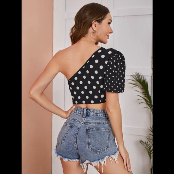 NWOT Polka Dot One Shoulder Crop Top - Picture 2 of 10